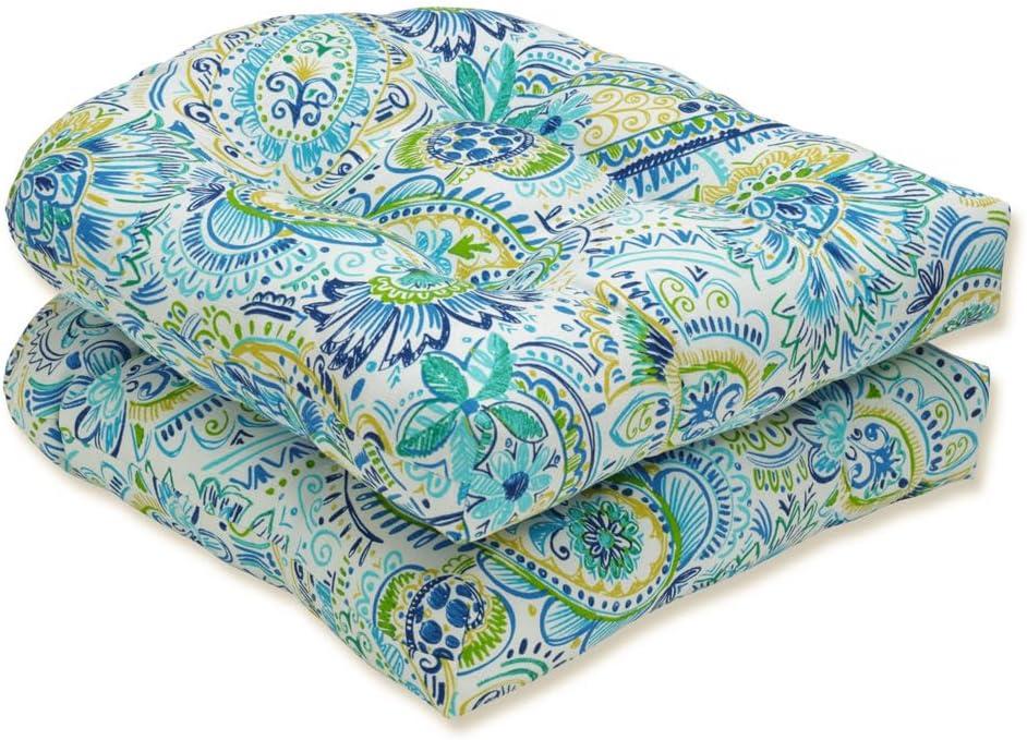 Pillow Perfect Paisley Indoor/Outdoor Chair Seat Cushion, Tufted, Weather, and Fade Resistant, 19" x 19", Round Corner, 2 Count, Blue/Yellow Gilford