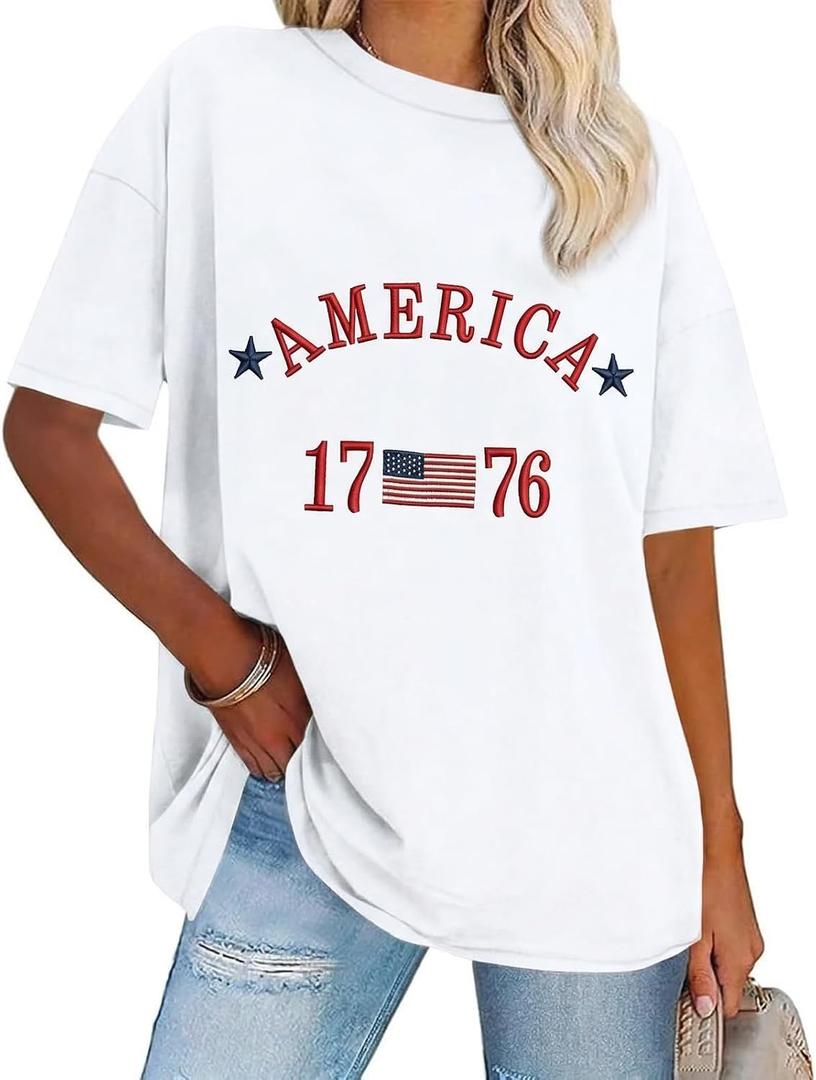 4th of July Shirts Women Embroidered 1776 American Flag Shirt 2026 Patriotic Shirts Oversized Short Sleeve Tee Tops (White, L)