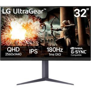 LG 32" Ultragear QHD (2560x1440) Gaming Monitor, 180Hz, 1ms, IPS, DisplayHDR 400, NVIDIA G-SYNC Compatible, AMD FreeSync, VESA Adaptive Sync, HDR10, Tilt/Height/Pivot Stand, HDMI, DisplayPort, Black