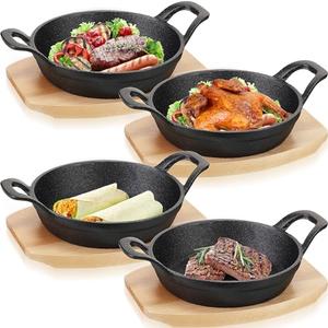Sliner 4 Sets Mini Cast Iron Skillet Small Cast Iron Plates Skillet with Wooden Base Small Round Pan Fajita Plate Pot for Baking Cooking(5.5 Inch)