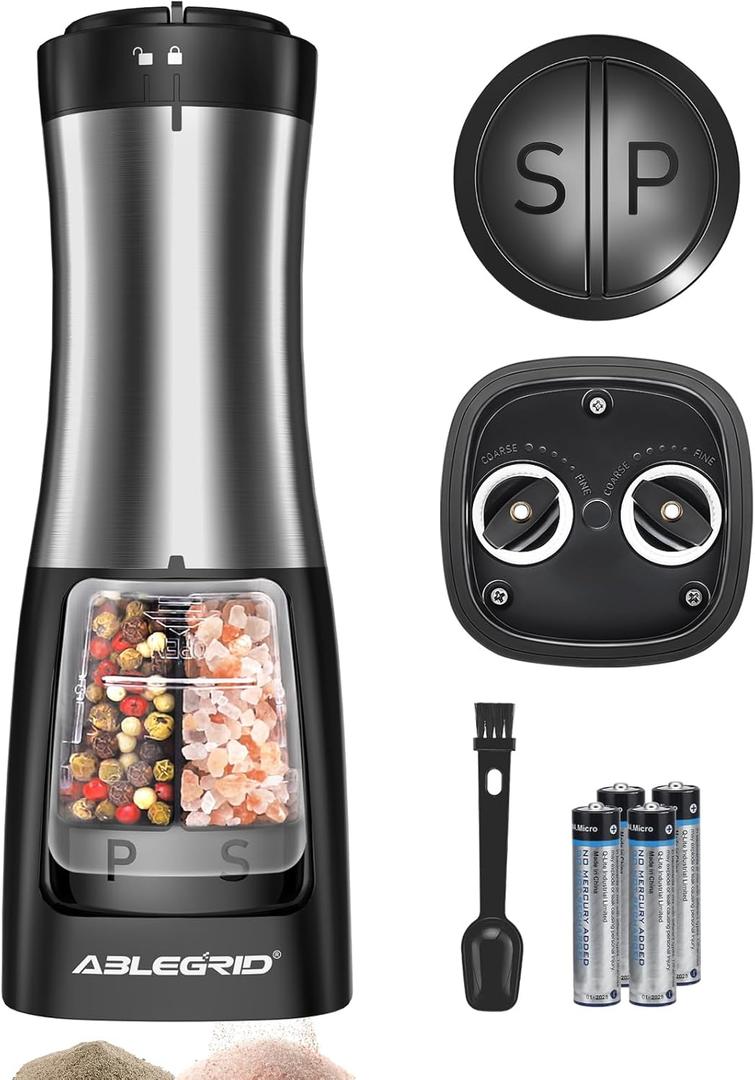 ABLEGRID Electric Salt and Pepper Grinder 2 in 1 Battery Powered, Automatic Pepper Mill & Salt Grinder Refillable, One-handed Operation, Adjustable Coarseness, 2-Button Control, Ceramic Grinding Core