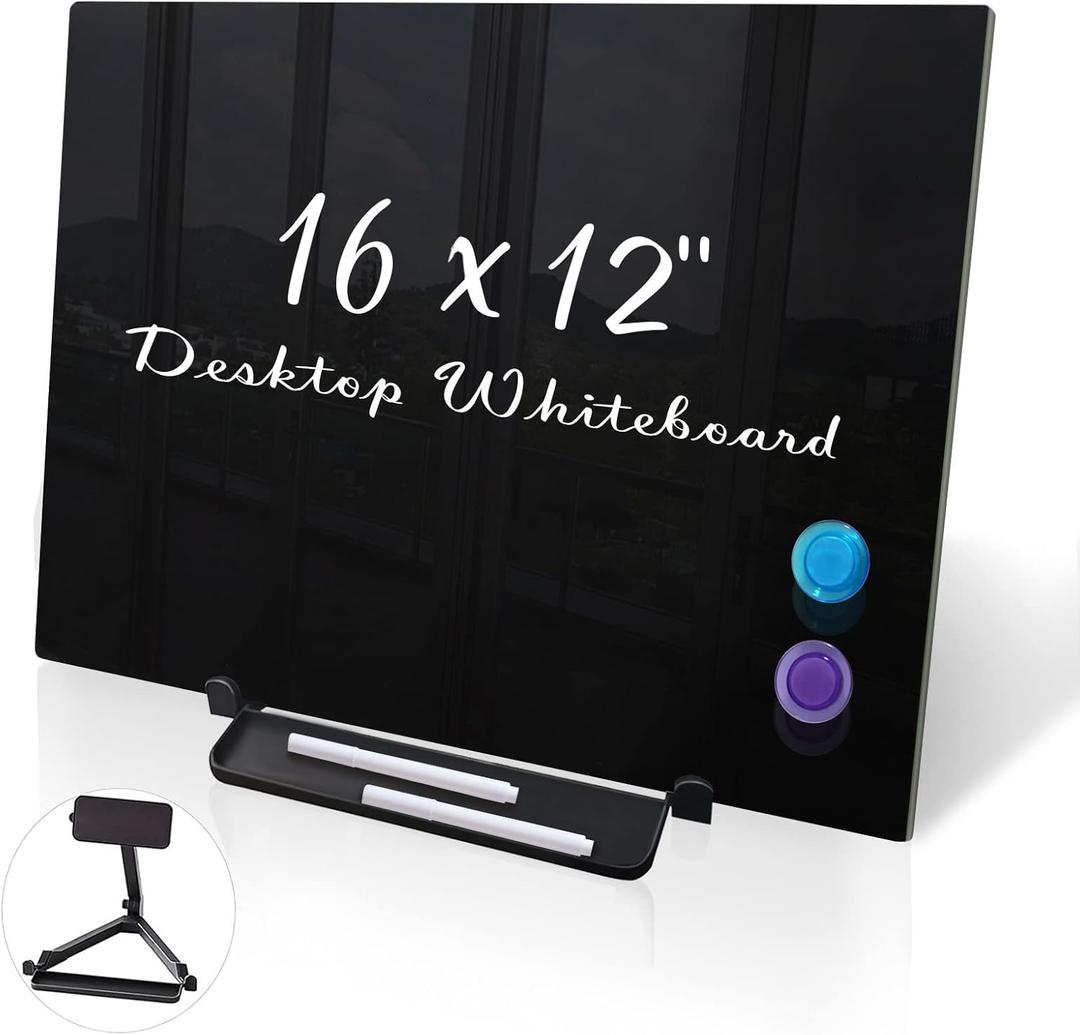 Black Magnetic Glass Board Desktop Easel, 16x12 Black Dry Erase Board for Desk, Tabletop Glass Whiteboard on Adjustable Stand, ZHIDIAN Portable Tempered Glass Board for Office Home