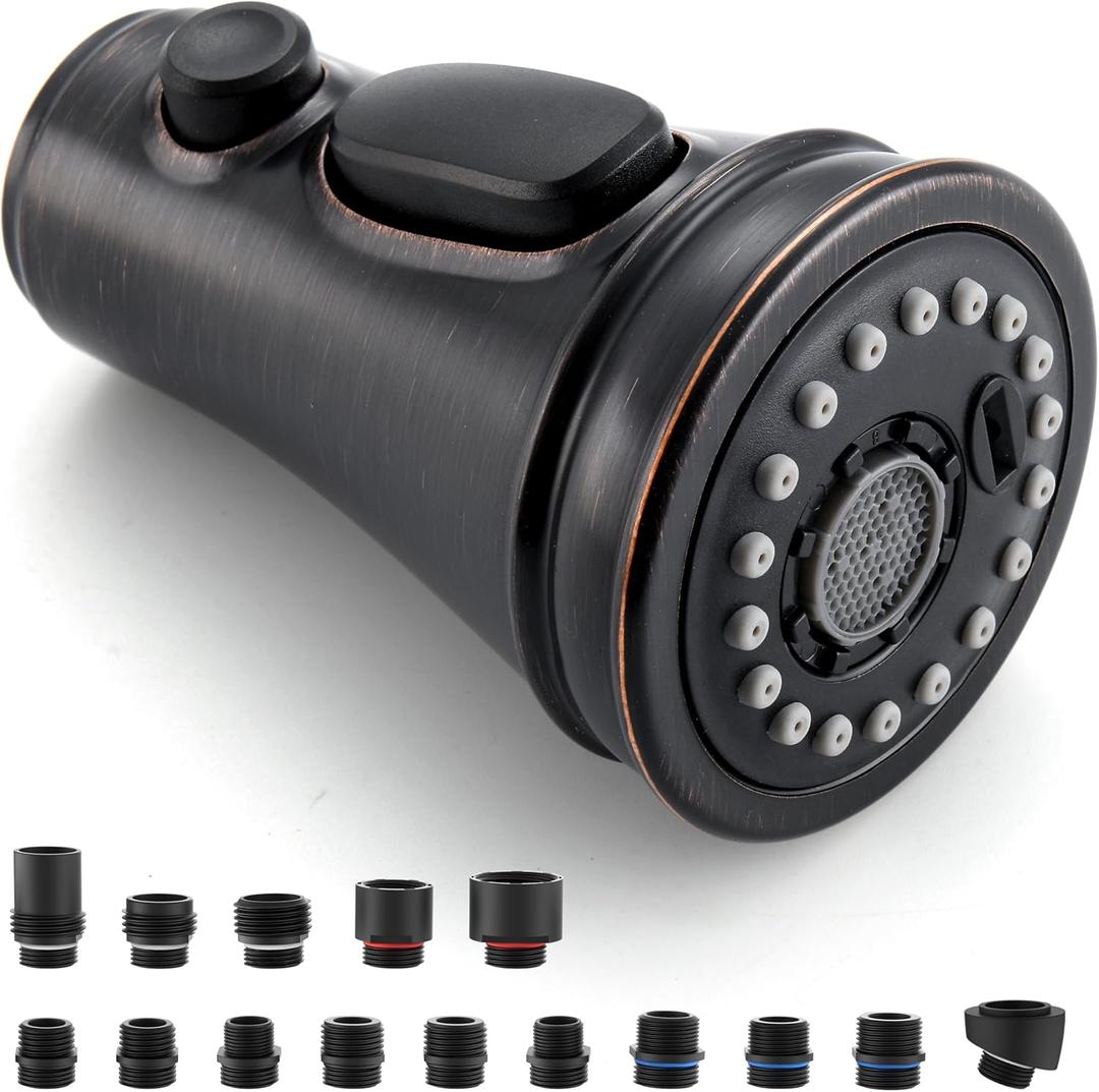 Kitchen Faucet Replacement Spray Head - with 15 Adapters, Pull Down Faucet Sprayer with 3-Function Nozzle, Oil-Rubbed Bronze, Kitchen Sink Faucet Head Replacement