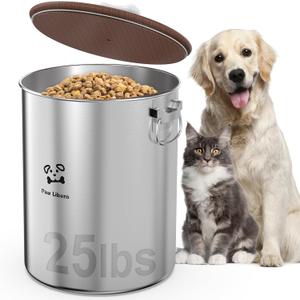 25 Lbs Stainless Steel Dog Food Storage Container with Airtight Wooden Lid & Ceramic Bone Handle, Large Metal Dog Food Bin for Dogs & Cats, Keep Fresh, Easy to Clean