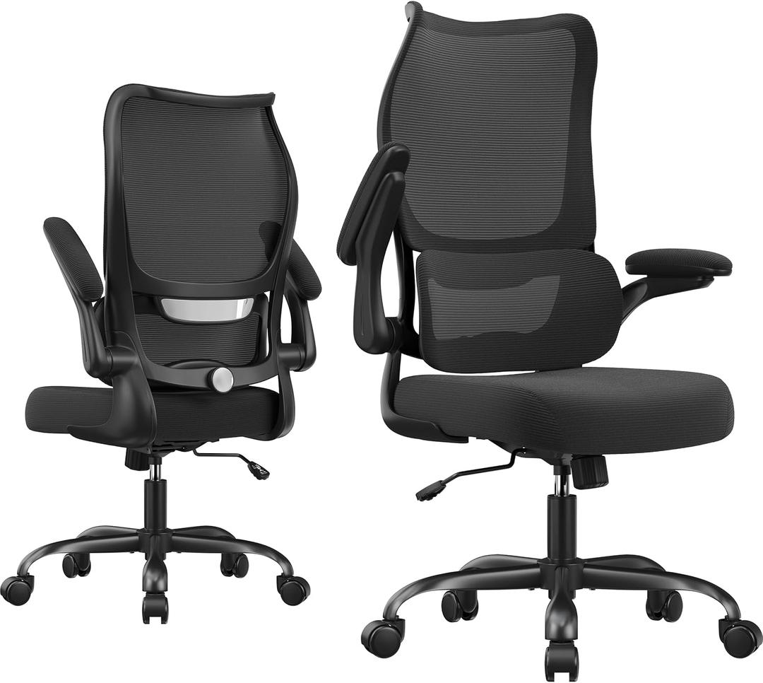 Office Chair Ergonomic Desk Chair - Comfy Mesh High Back Office Chair with Lumbar Support Wheel Home Desk Office Chairs Flip up Armrest Executive Rolling Swivel Task Computer Chair Black Silver