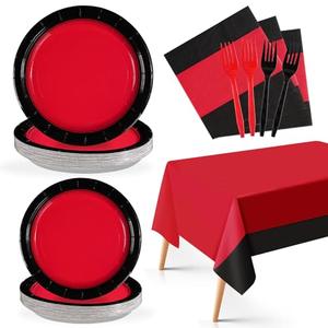 98Pcs Red and Black Party Decorations Stranger Red and Black Plates Napkins Tablecloths Disposable Tableware Set for Graduation Fiesta Congrats Grad Holiday Birthday Wedding Party Supplies, Serves 24