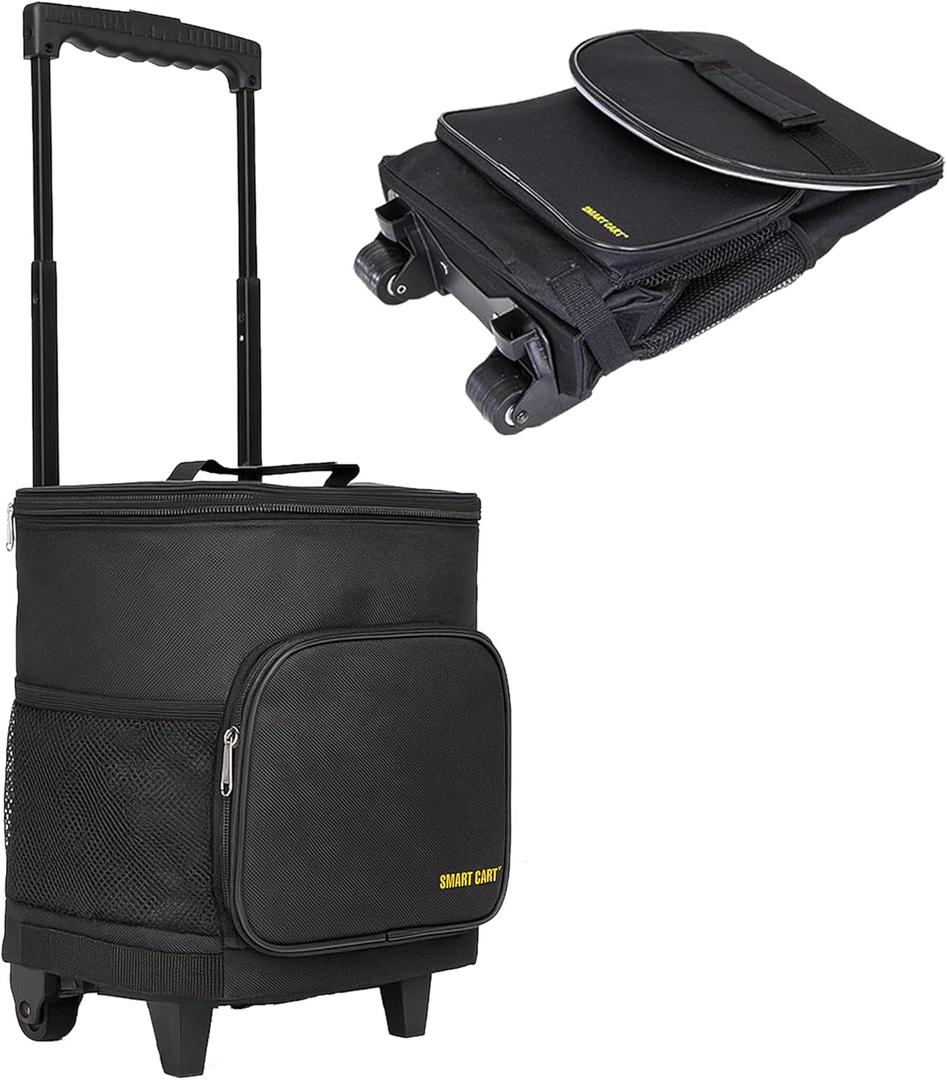 Ultra Compact Cooler Smart Cart with Wheels - Collapsible Insulated Cooler Bag - Foldable Travel Cooler 36 Cans - Leak Proof Trolley - Black