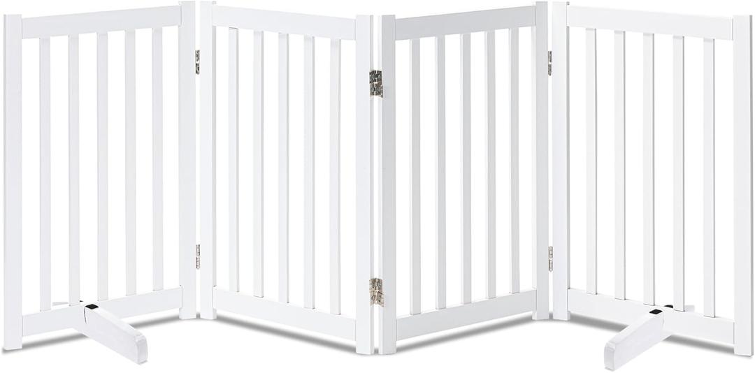 LZRS Freestanding Extra Wide Dog Gate 30 inch Tall - 4 Panels Solid Wooden Pet Gate for Doorways, Stairs, Hallways,Kitchens& Long Areas, Expandable & Foldable with Support Feet,Indoor Use,White