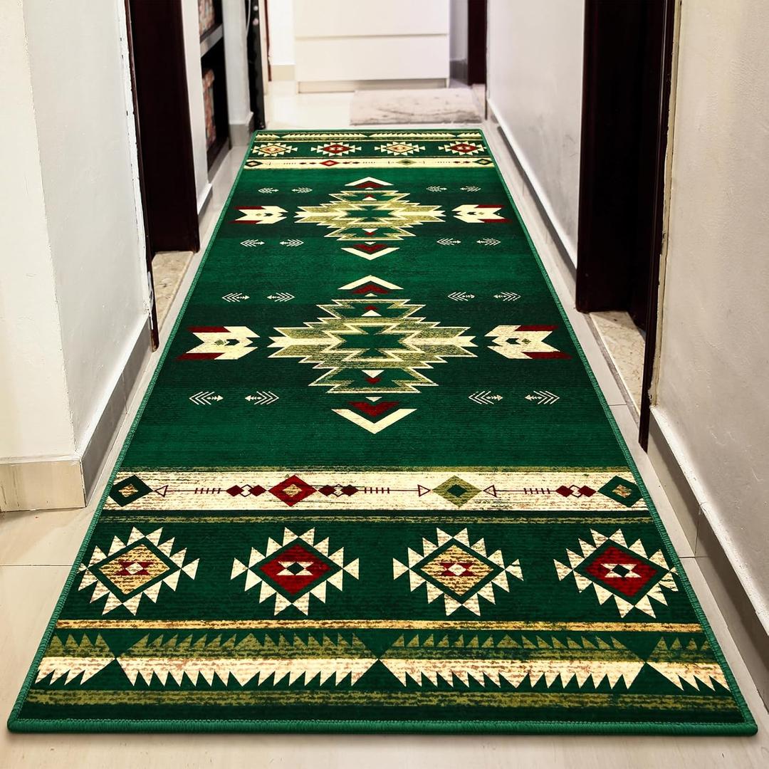 Western Hallway Runner Rug 2 x 6, Non-Slip Long Runners for Bedroom Kitchen Hall Laundry, Accent and Tribal Throw Rugs Washable, Green