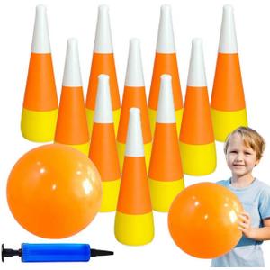 13 Pcs Fall Inflatable Bowling Set - 10Pcs 21.5inch Candy Corn Pins with 2pcs 13.8inch Pumpkin Bowling Balls Indoor Outdoor for Fall Thanksgiving Halloween Carnival Festival Party Game Supplies