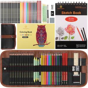 Heshengping, 41pcs Sketching Pencil Set Drawing Sketch Kit Graphite Charcoal Watercolor Pencils Blending Stumps 50page sketchbook, coloring book, Beginners Artist Teens and Adults