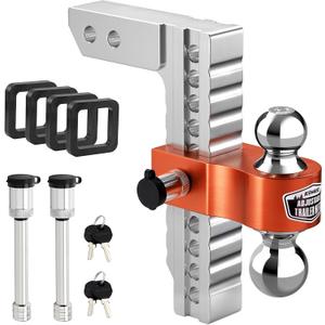 Kohree Adjustable Trailer Hitch Fit 2 Inch Receiver, Dual Solid Ball 2" and 2-5/16"(12,500 LBS GTW), 10" Drop & Rise Heavy Duty Aluminum Tow Hitch with 4 Silencer Pads & 2 Locking Hitch Pin, Orange