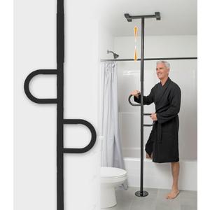 Stander Double Handle Non-Rotating Floor to Ceiling Grab Bar, No-Drill Tension Mounted Transfer Pole for Seniors, Bath Safety & Bedside Assist Rail for Home Standing Support & Fall Prevention, Black