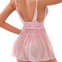 Lilosy Sexy Polka Dots Mesh Sheer Babydoll Chemise Lingerie Set Floral Lace Sleep Wear Women Deep V Slip Night Dress Nighty Negligee Gown With Thong 2 Piece Pink Large
