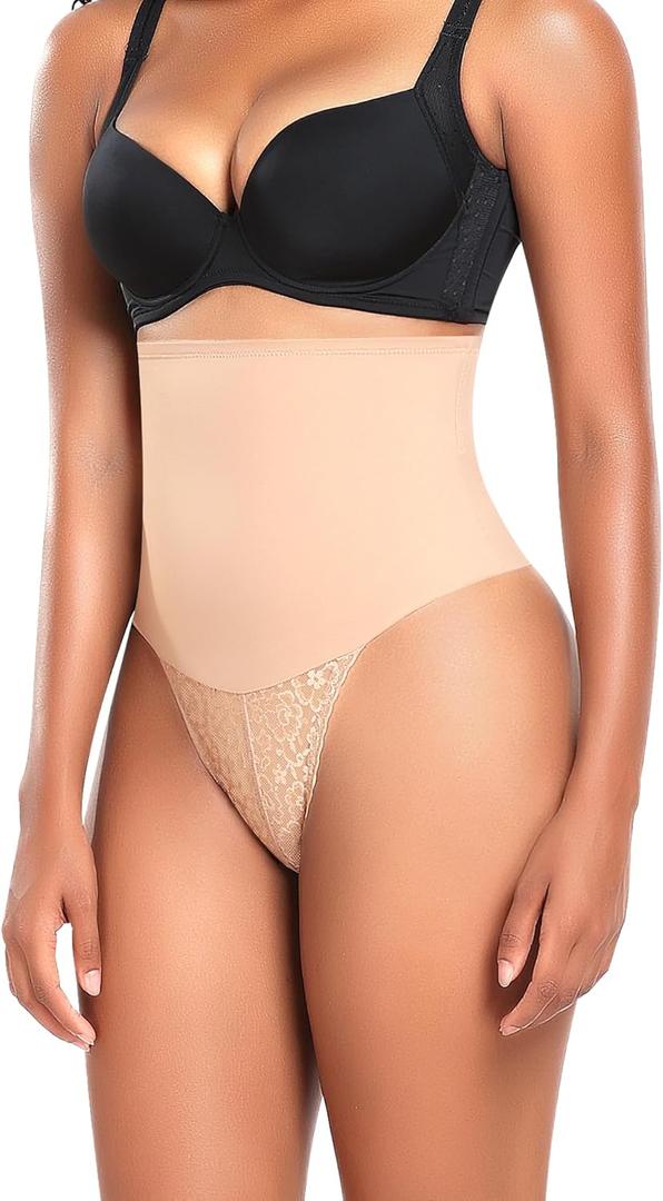 Werena Thong Shapewear for Women Tummy Control Seamless High Waist Body Shaper Underwear Shaping Panties (Medium, #344 Slimming Lace Beige)