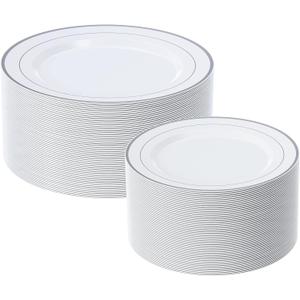 FOCUSLINE Silver Plastic Plates Set of 60, Disposable Plates with Silver Rim 30 Dinner Plates 10" and 30 Salad Dessert Appetizer Plate 7", Elegant Fancy Heavy Duty Wedding Party Plates