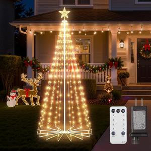 Outdoor Christmas Cone Tree Light with Star Topper, 6ft 265 LED Lightshow Christmas Tree with 8 Modes Timer Remote, Dimmable Artificial Tree for Porch Yard Patio Indoor Decorations, Warm White