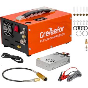 PCP Air Compressor, 4500PSI / 30MPa, Dual Power Car 12V DC or Home 110V/220V AC, Retractable Handle, Water/Oil-Free for Paintball/PCP Rifle/HPA Tank, Manual Stop, 250W, Orange