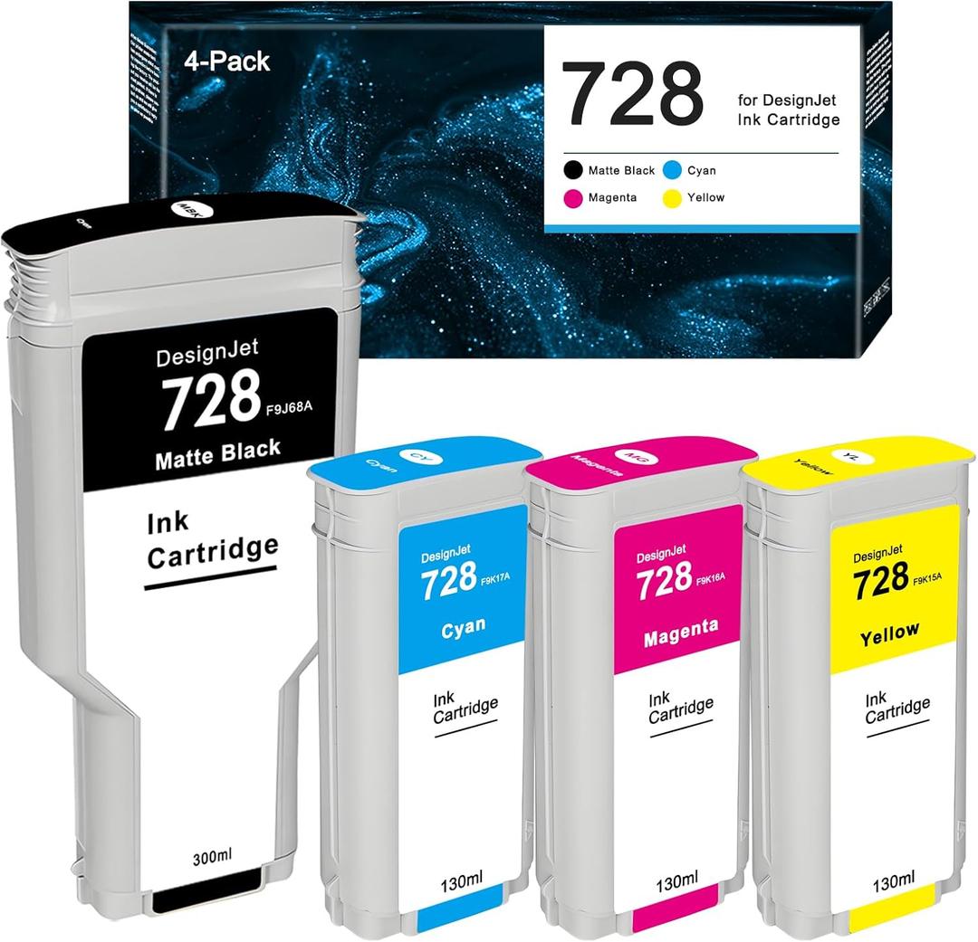 728 Ink Cartridge Set (Matte Black 300ml, Cyan, Magenta, Yellow 130ml) HP 728 Compatible with DesignJet T730 T830 MPF Large Format Plotter Printers F9J68A F9J67A F9J66A F9J65A