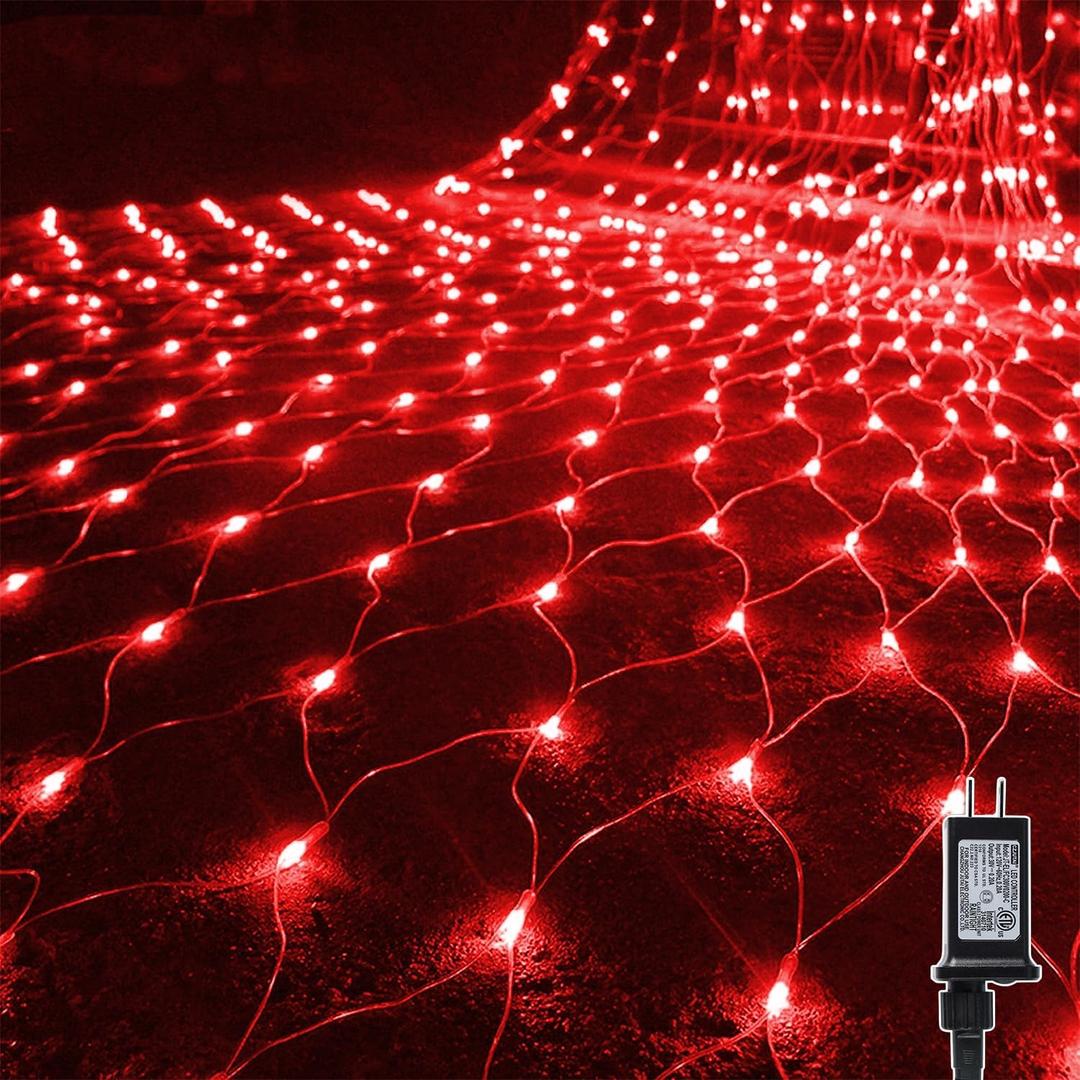WATERGLIDE Outdoor Valentines Net Lights, 12FT x 5FT 360 LED Mesh String Light with 8 Lighting Mode, Connectable Waterproof Lights for Garden Tree Bushes, Christmas Wedding Party Decorations, Red