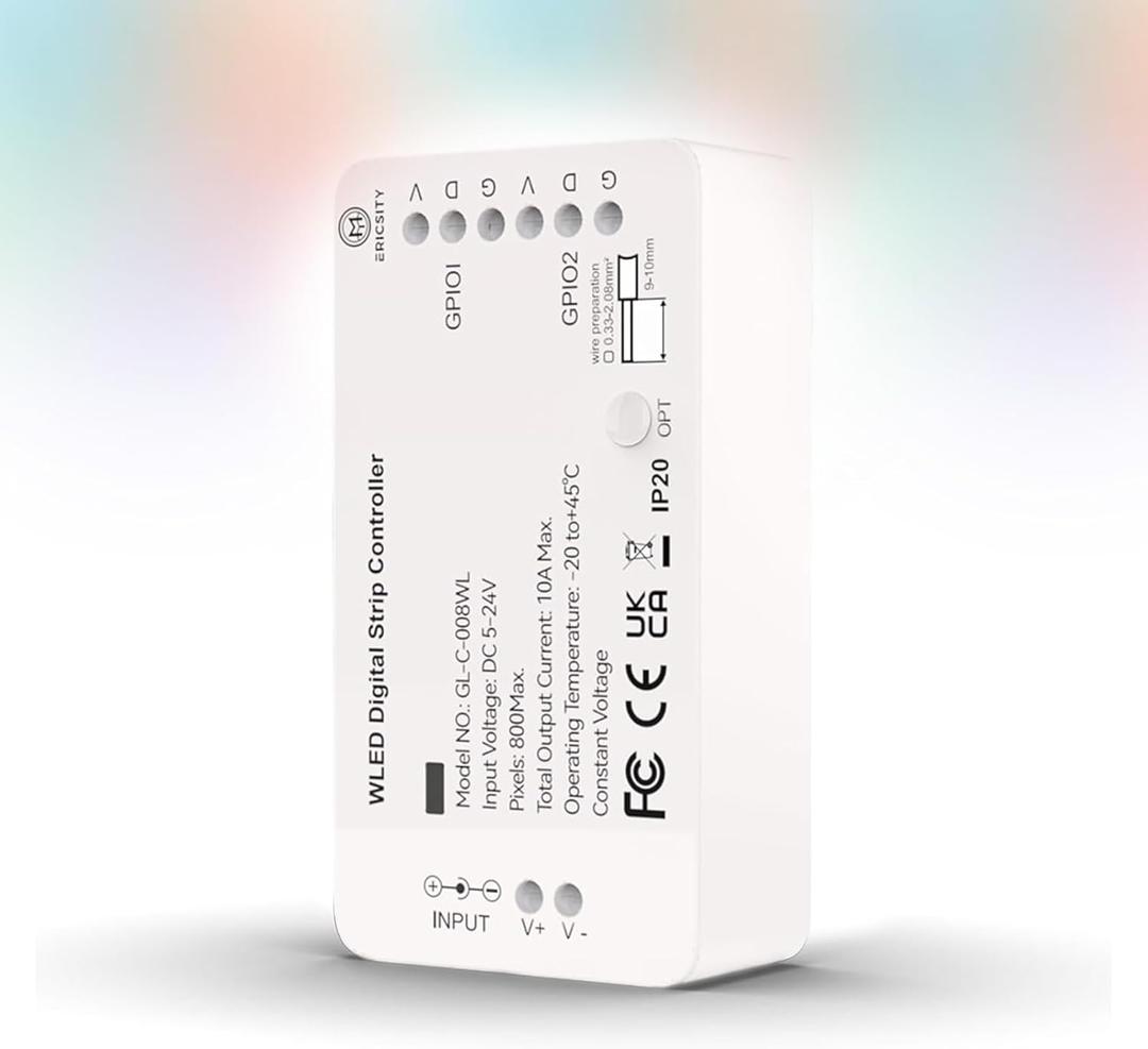 WLED LED Light Strip Controller, Addressable LED Controller RGB RGBW WS2812B SK6812 WS2811 TM1814 WS2813 WS2815 5-24V WiFi APP Control Over 100 Dynamic Lighting Modes DIY ESP8266, ES-C-008WL