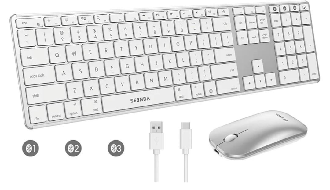 seenda Bluetooth Keyboard and Mouse for Mac, COS500 Multi-Device Rechargeable Keyboard Mouse with Quiet Keys, Full Size Slim Combo Compatible for MacBook Pro/Air, Mac, iPad, iPhone - White Silver