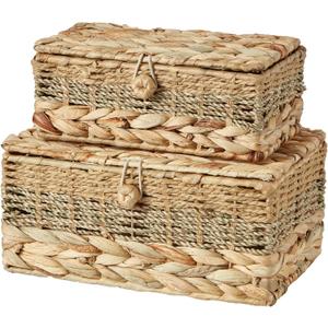 2PCS Wicker Storage Baskets with Lids Decorative Bohemian Handmade Rattan Boxes Natural Water Hyacinth Seagrass Paper Rope Woven Bins Shelf Container Memory Keepsake Photo Makeup Organizer (Set of 2 ( 1 Large 1 Small ))