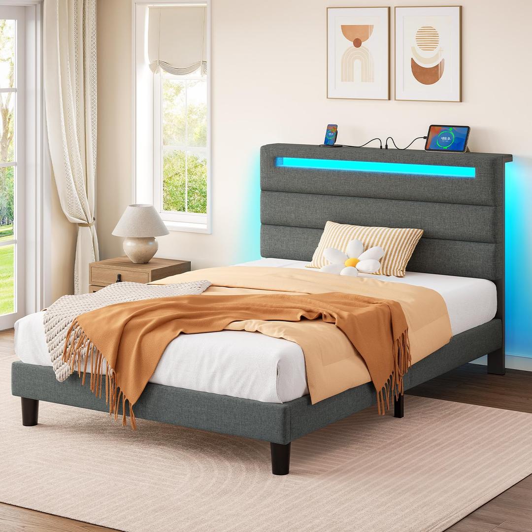 Rolanstar Twin Size Bed Frame, Storage Headboard with Charging Station and LED Lights, Upholstered Bed with Heavy Duty Wood Slats, No Box Spring Needed, Noise Free, Easy Assembly, Grey