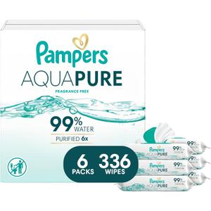 Pampers Aqua Pure Baby Wipes, 99% Water, Fragrance Free, 336 Baby Wipes Total (6X Flip-Top Packs) 