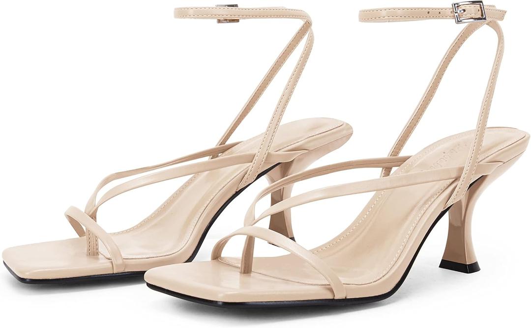PiePieBuy Women's Lace Up Heeled Sandals Square Flip Flop High Heels Strappy Party Shoes (7.5, Beige)