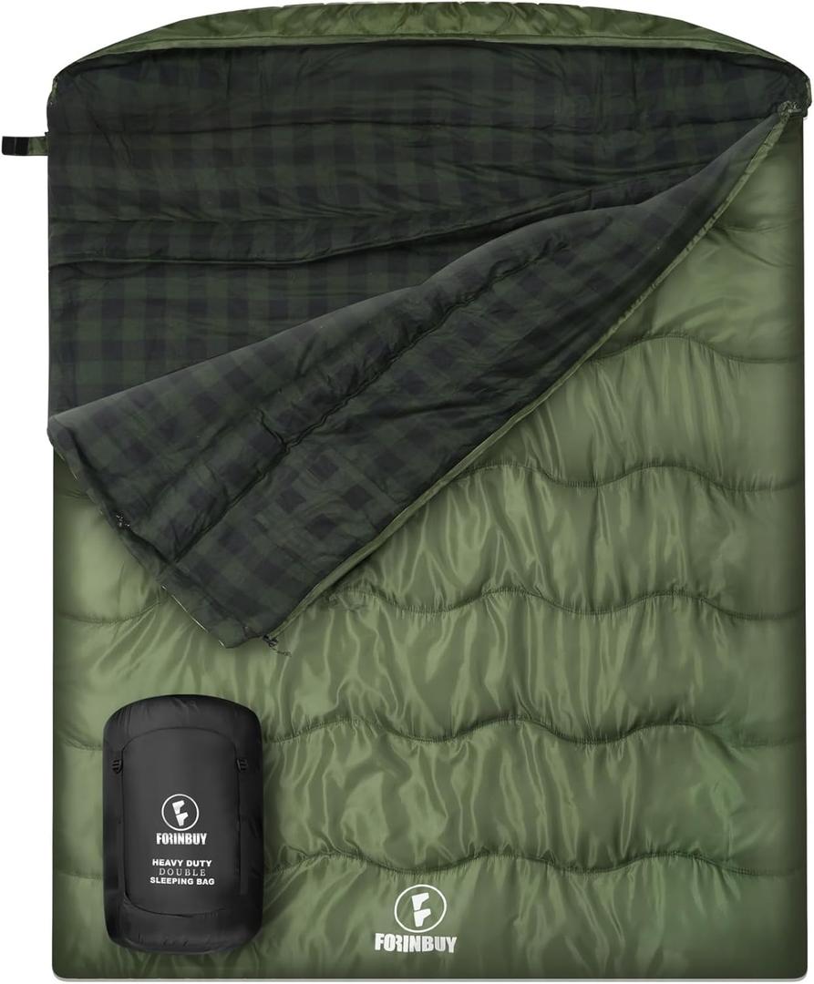 0 Degree Flannel Double Sleeping Bag for Adults, Couples or Family - Winter Queen Size Waterproof & Warm 2-Person Sleeping Bag for Cold Weather Camping, RV Travel (Army green)