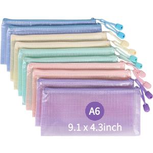 MultiBey 10 Pack A6 Mesh Zipper Pouches, Waterproof File Bags with Zipper | Durable Small Plastic Zipper Bags Organizer for Board Game Storage，Office School Supplies, 5 Pastel Colors