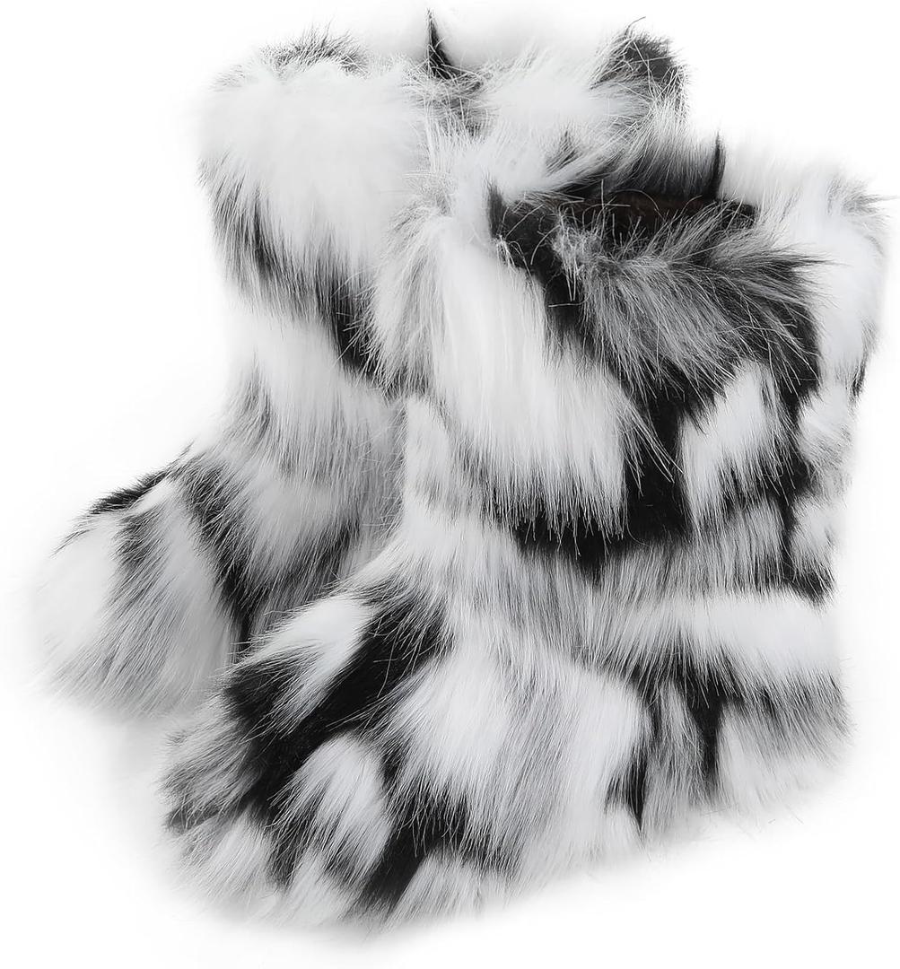 Women's Faux Fur Boots Furry Snow Boots Fuzzy Winter Shoes Fluffy Mid-Calf Flat Boots, Black White 41