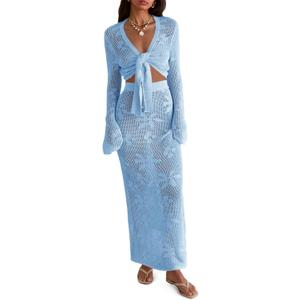Saodimallsu Womens Crochet Swim Cover Up 2 Piece V Neck Long Sleeve Wrap Tie Crop Tops Beach Boho Maxi Coverup Set (Blue, S)