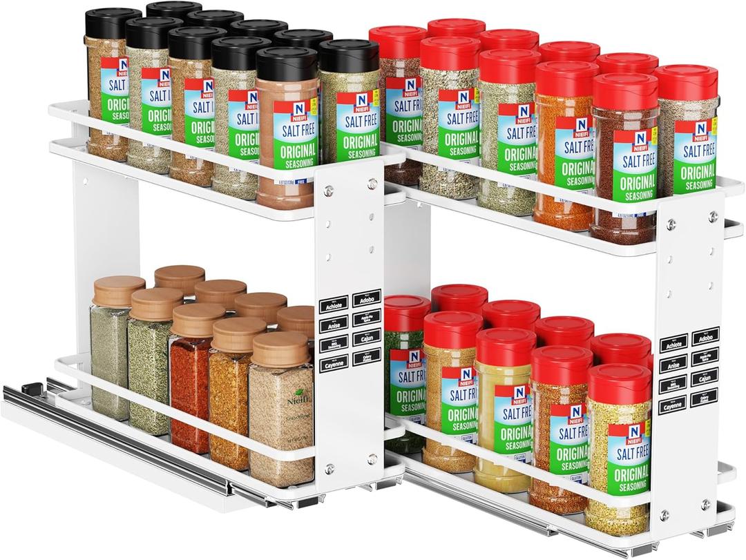 Nieifi Pull Out Spice Rack Organizer, 2 Tiers, White, Spice Organization for Cabinet, Height Adjustable, Easy to Install (2 Pack in Base(3.78''))