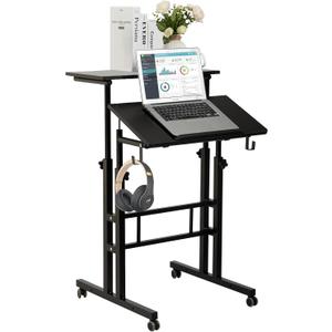 SIDUCAL Mobile Standing Desk, Portable Stand Up, Small Adjustable Converter with Wheels Home Office Workstation, Rolling Desk Laptop Cart for Standing or Sitting, Black