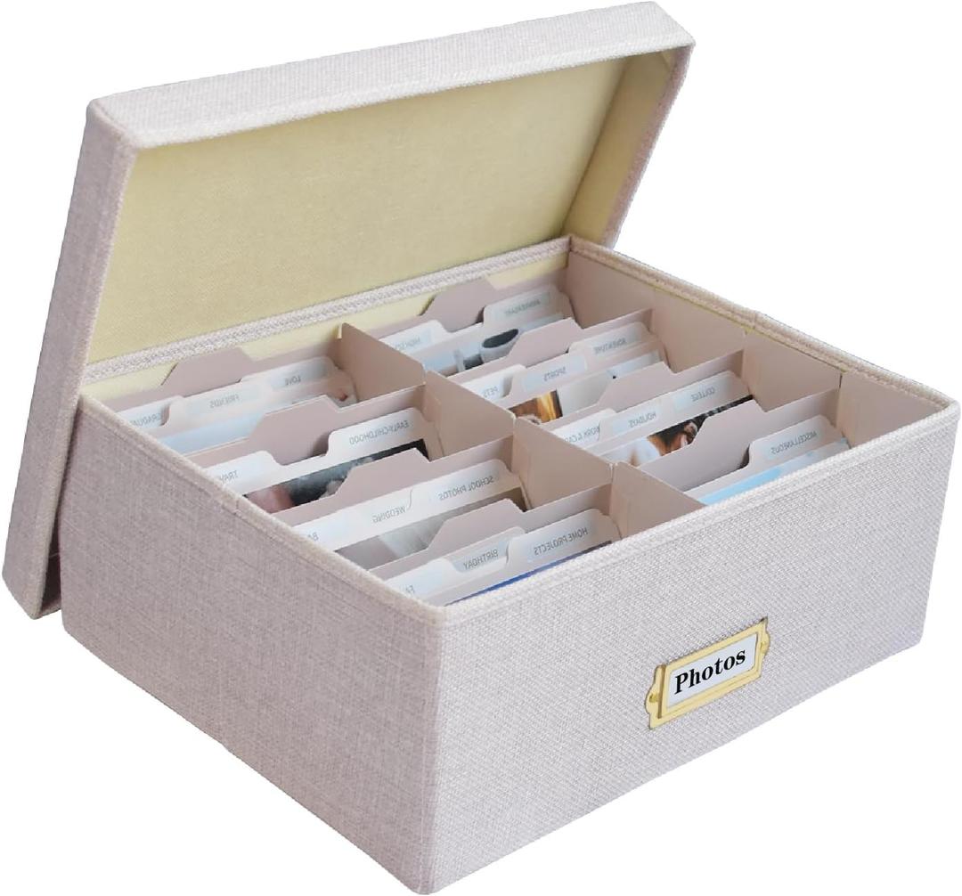 Linen Photo Storage Box  Holds 1700 Photos, 24 Adjustable Dividers & 72 Labels Multi-Use Organizer for Photos, Envelopes, Recipes Beige