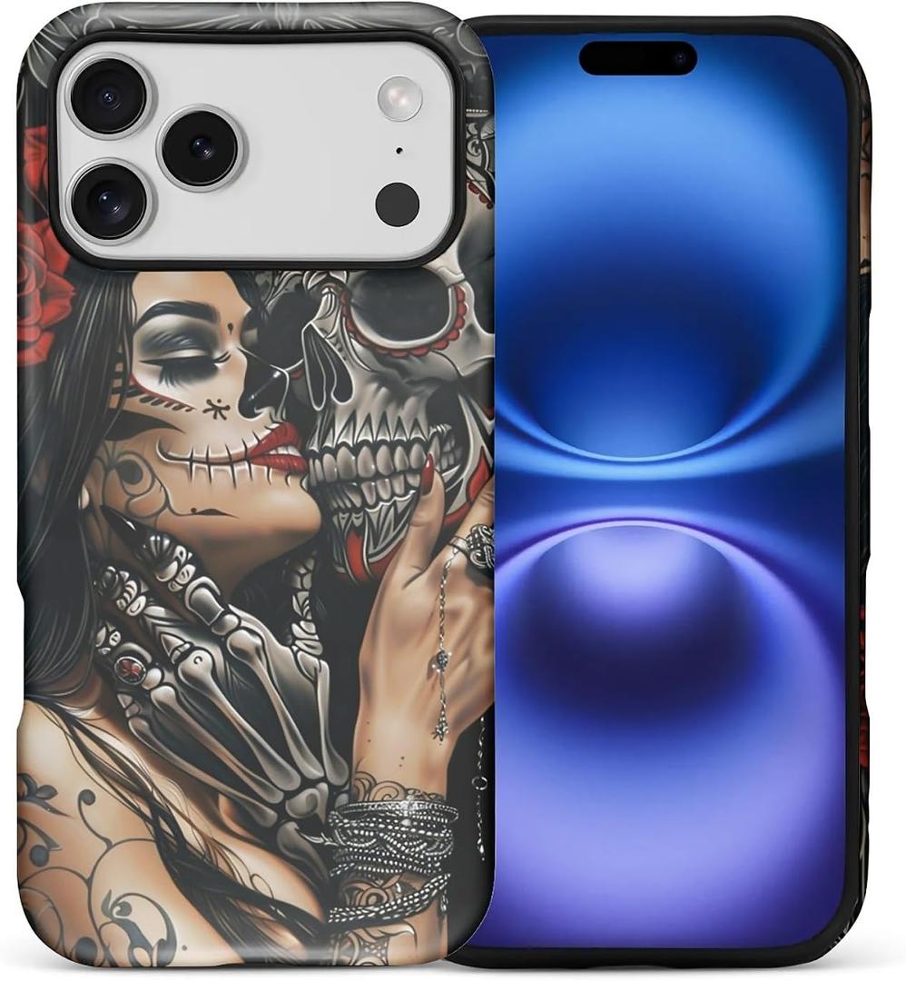 CARLOCA for iPhone 17 Pro Max Case Full Body Hybrid 2-Layer Matte Hard Shell Silicone Protective Case for iPhone 17 Pro Max Pattern Skeleton Girl Love Day of The Dead