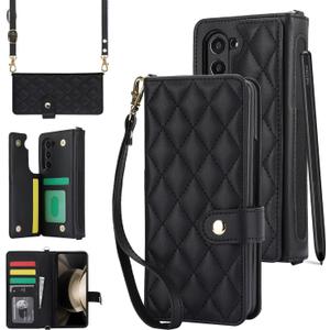 for Samsung Galaxy Z Fold 5 Wallet Case with 6 Credit Card Slots and S-Pen Slot, RFID Blocking, Adjustable Strap, Multi Card Function Premium Leather Magnetic Clasp Kickstand Cover.(Black)