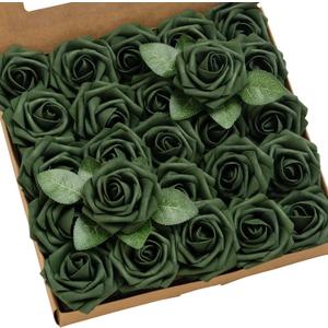 Ling's moment Artificial Flowers 25Pcs Emerald Green Roses Decor w/Stems,3" DIY Foam Floral for Wedding Bouquet/Centerpieces, Outdoors Party Backdrop, Room/Table, and Garden/Pot Decorations