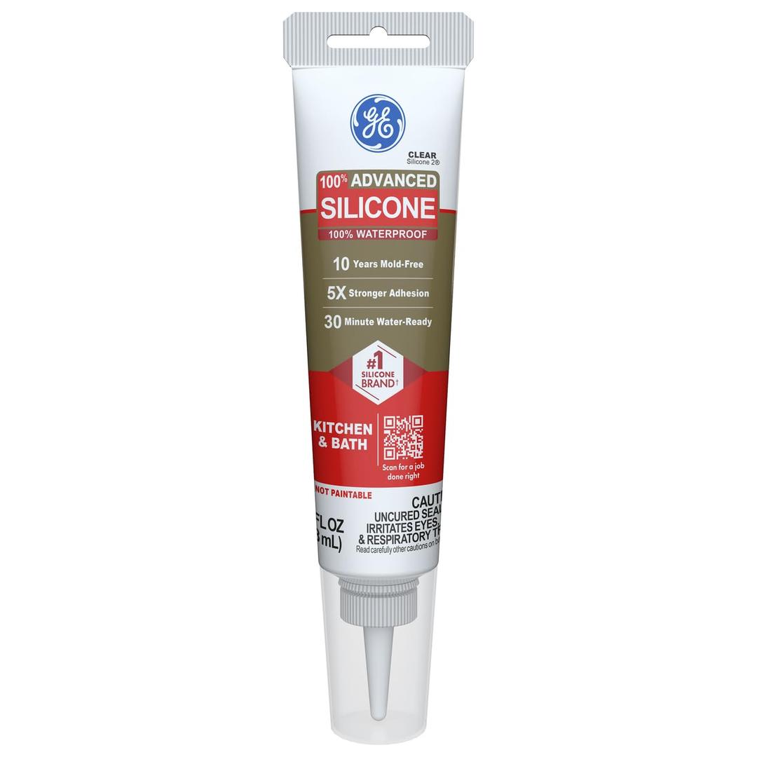 GE Advanced Silicone Caulk for Kitchen & Bathroom, Clear, 2.8 fl oz Tube, 1 Pack - 100% Waterproof Silicone Sealant, 5X Stronger Adhesion, Shrink & Crack Proof