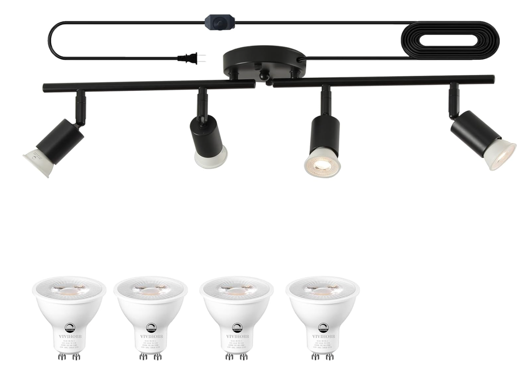 vivihobb Dimmable Plug in Track Light Black 4 Light Plug in Ceiling Lighting Fixture with 16.4' Long Cord,4 Way Ceiling Spotlight,Rotatable Wall Mount Light Head,LED dimmable Spot Bulbs Included