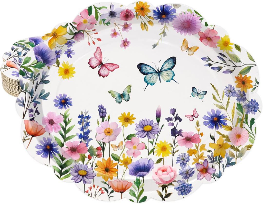 4 x Treasure Cove Wildflower Oval Paper Plates Large Spring Oval Plate Disposable Floral Party Platter Flower Tableware Decorations for Birthday Wedding Tea Party Supplies 10" x 12" 24Pcs
