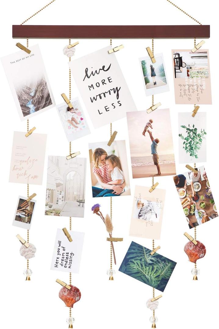 Mkono Hanging Photo Display Pictures Holders with 25 Wood Clips Teen Girl Room Decor Holiday Greeting Card Display Boho Gift for Christmas Home Office Nursery Bedroom Room Dorm, 33" L x 16.5" W