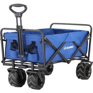 EchoSmile Heavy Duty 350 Lbs Capacity Collapsible Wagon, Outdoor Folding Camping Grocery Portable Utility Cart, Adjustable Rolling Carts, All Terrain Sports Wagon with Big Wheels (Blue)