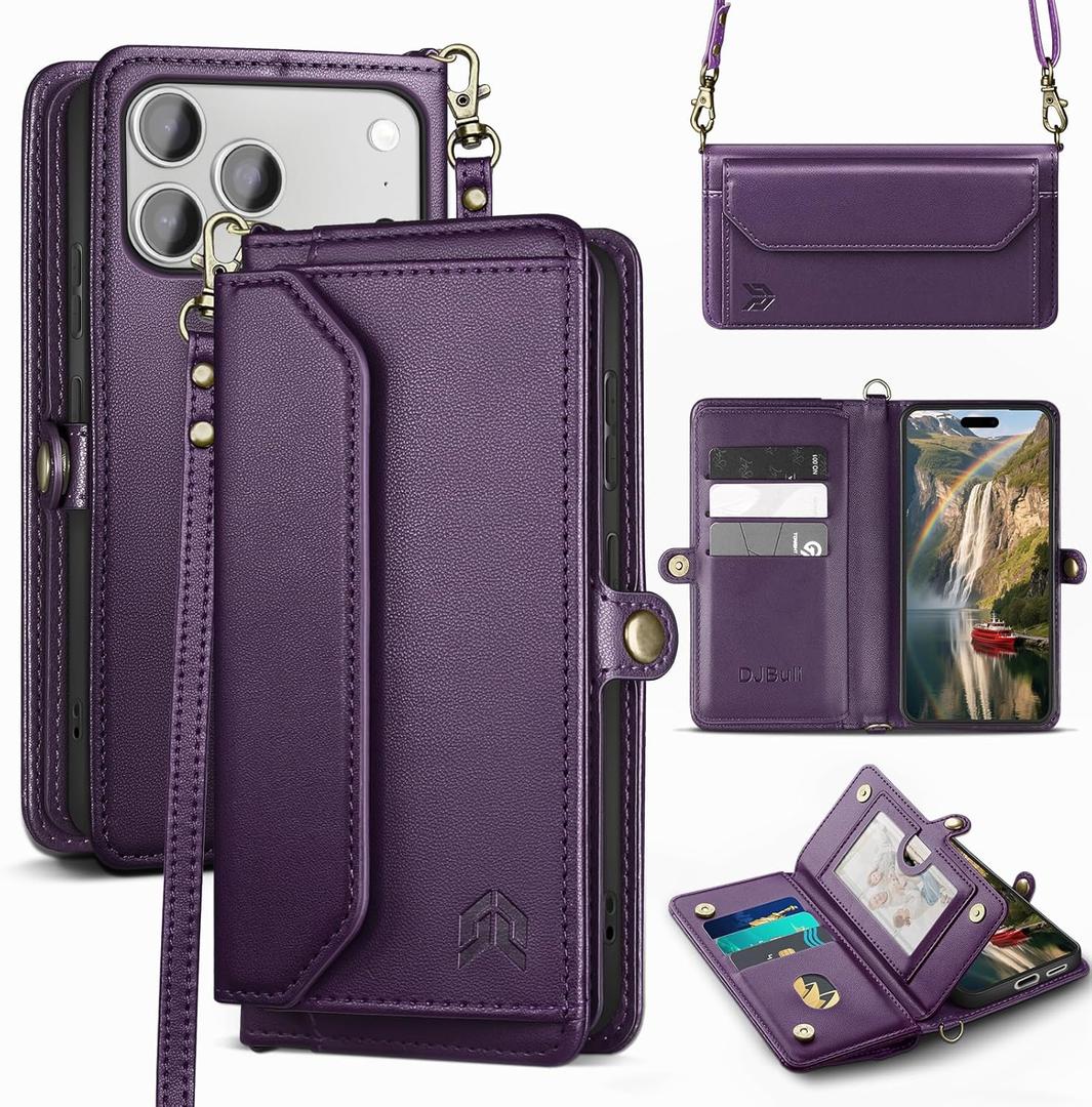 DJBull for iPhone 17 Pro Max 6.9" Wallet Case with Card Holder, Shoulder and Wristlet Straps, Soft PU Leather, Magnetic Snap, Flip Phone Case for Women Men for Apple 17 Pro Max Purple