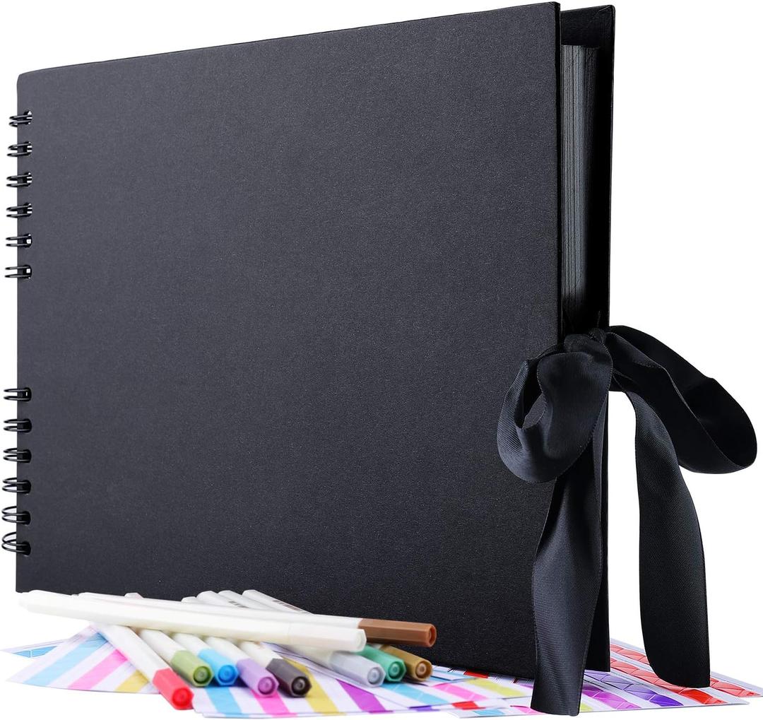 GOTIDEAL 80 Pages Scrapbook Album with 10 Metallic Markers,Craft Paper Photo Album for Wedding and Anniversary, Family DIY Scrapbook Accessories with Scrapbooking Stickers Corners(Black) (11.5*8.5 Inches 80Pages)