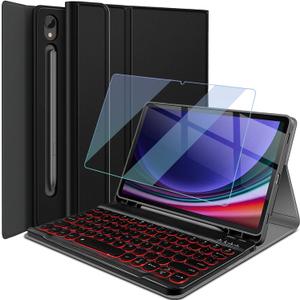 Backlit Keyboard Case for Samsung Galaxy Tab S10 Lite/ S10 FE/ S9 FE 5G 10.9 Inch/Tab S9 11 Inch with Screen Protector, Wineecy 7 Colors Light Detachable Wireless Keyboard PU Leather Folio Case
