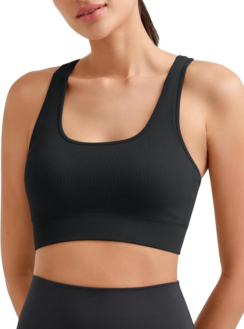 Promover Padded Sports Bras for Women Y-Back Racerback Seamless Medium Supportive Ribbed Yoga Cami Bra (Black, L)