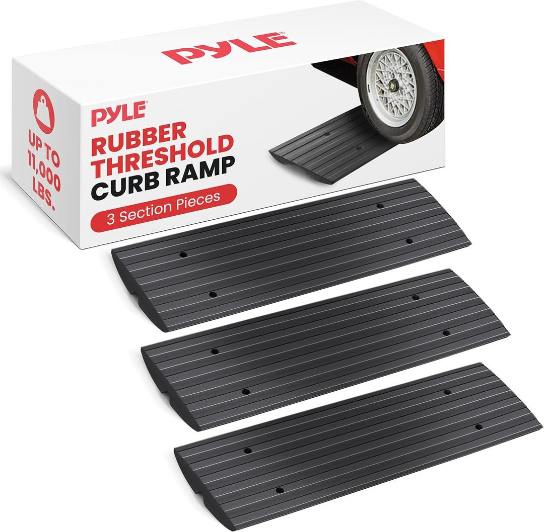 Pyle Car Driveway Adjustable Curb Ramps - 3 Pack Heavy Duty Rubber Threshold Ramp Kit Set -For Loading Dock, Garage, Sidewalk, Truck, Scooter, Bike, Motorcycle & Wheelchair Mobility- PCRBDR23